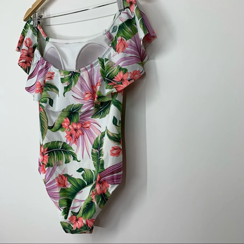 Kona Sol Ruffle Off The Shoulder Tropical High Coverage One Piece Swimsuit